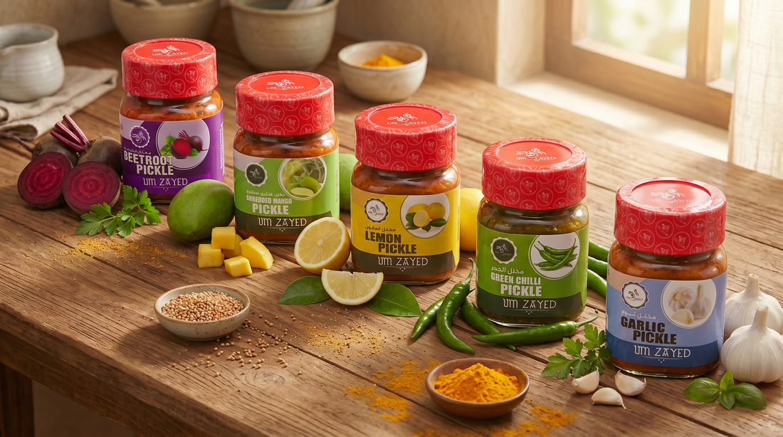 Gulf Pickles 101 — Um Zayed pickle jars on rustic wooden table
