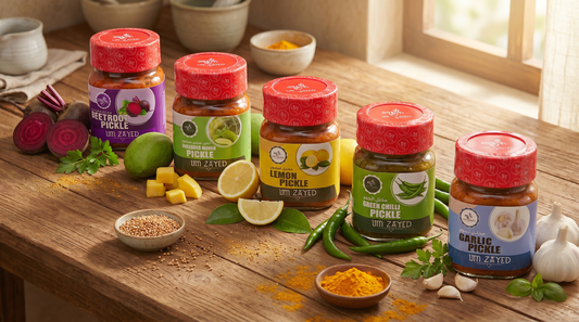 Gulf Pickles 101 — Um Zayed pickle jars on rustic wooden table