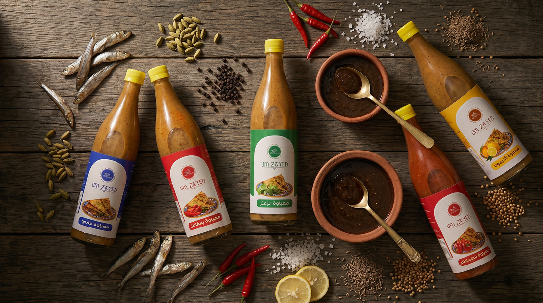 The Story of Mahyawa — Um Zayed Mahyawa sauce bottles flat lay